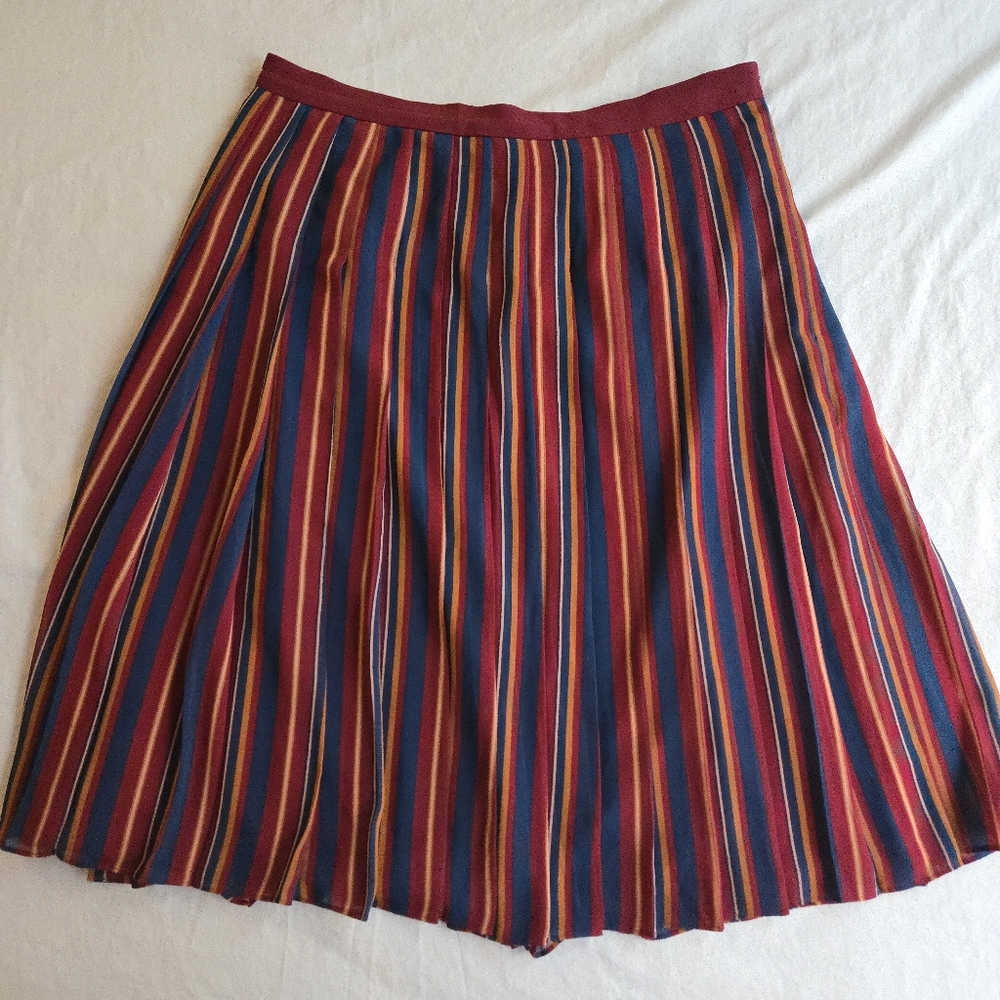 Ann Taylor Maroon Navy Fall Tone Striped Flowy Midi Skirt